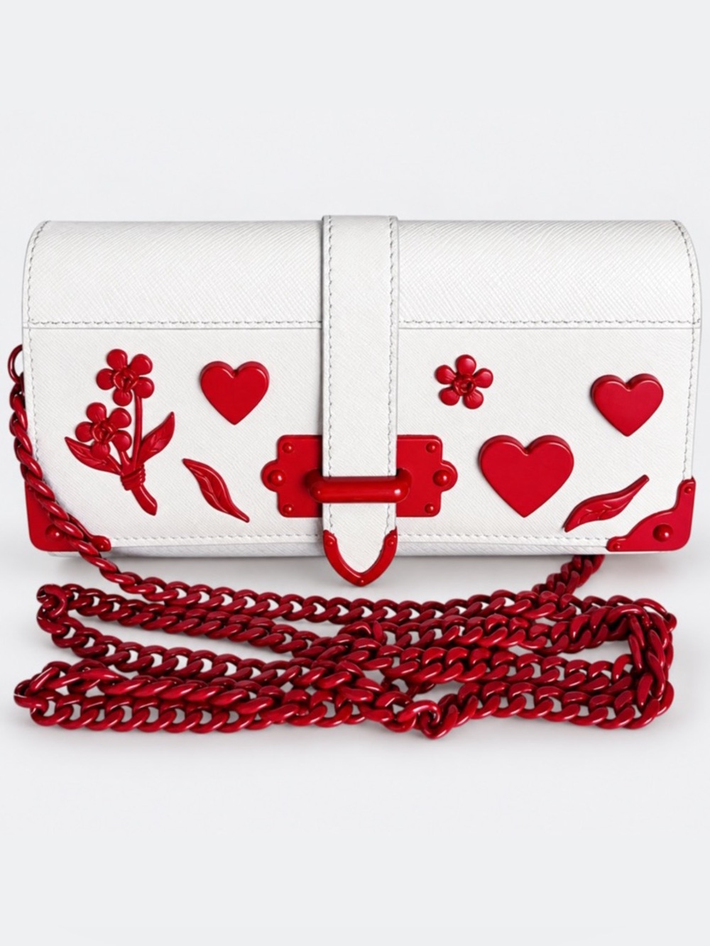 Prada Cahier Wallet On Chain White Saffiano Red Heart Applique Valentine